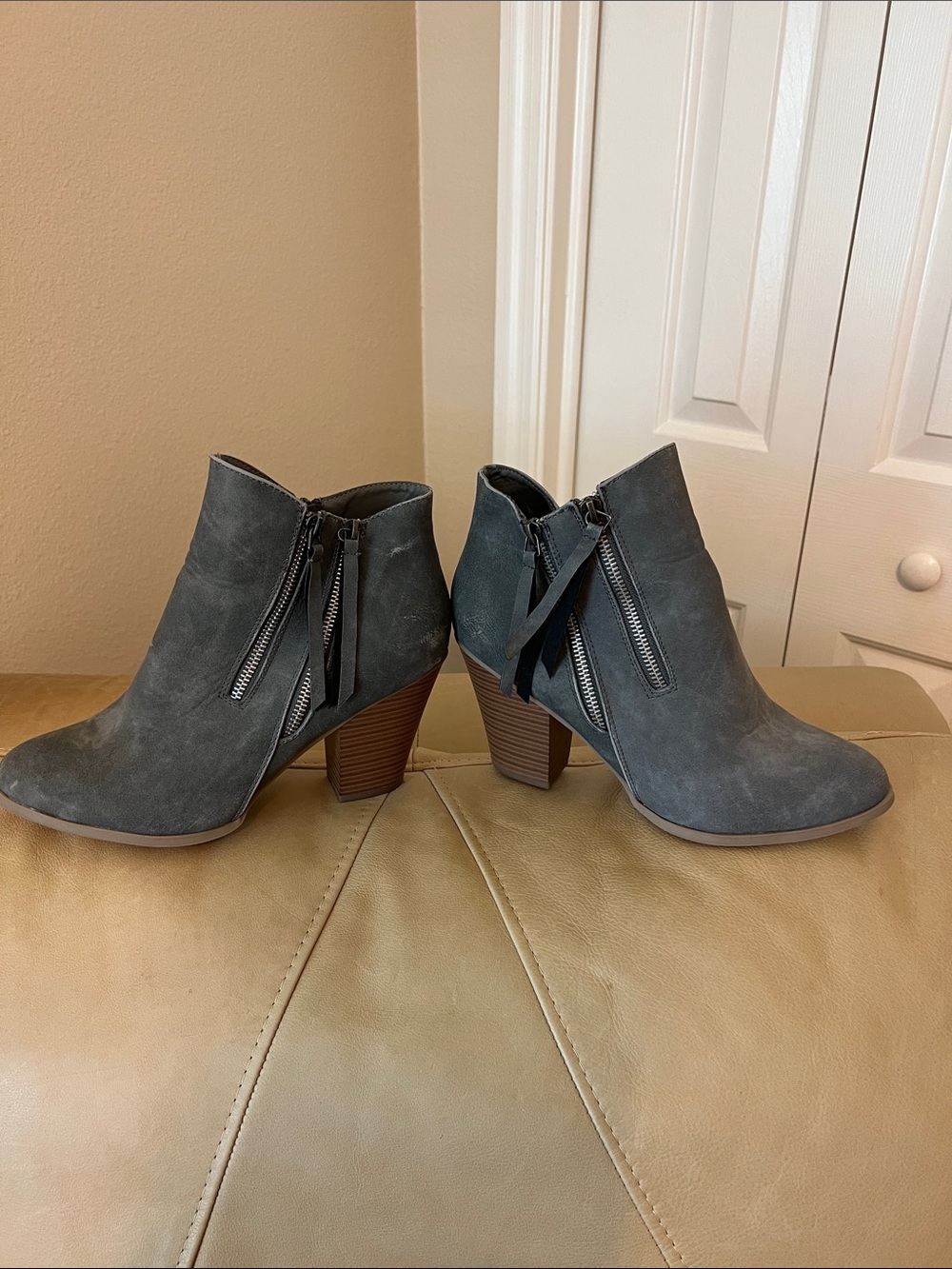 Suede Gray Ankle Booties with Stacked Heel and Side Zipper
